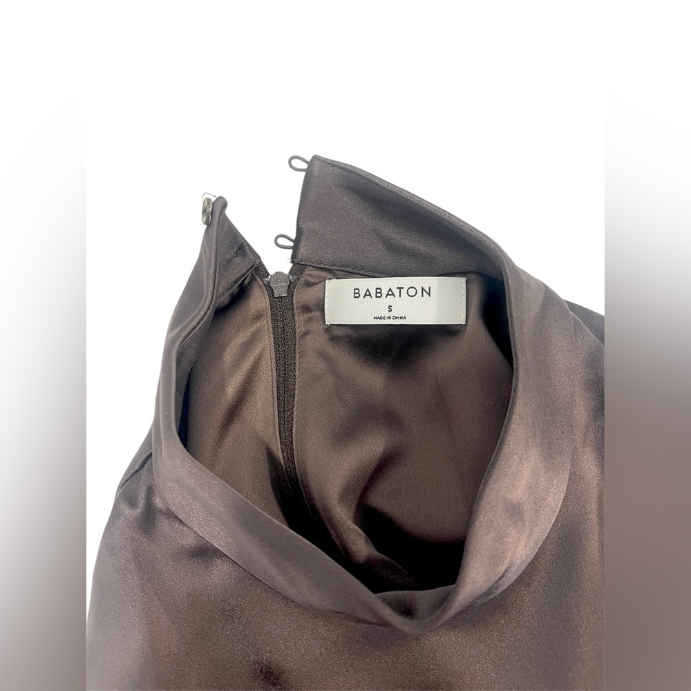 Aritzia Babaton Chocolate Brown Rosalia Ruched Satin Elegant Blouse Mock Neck - Picture 9 of 14